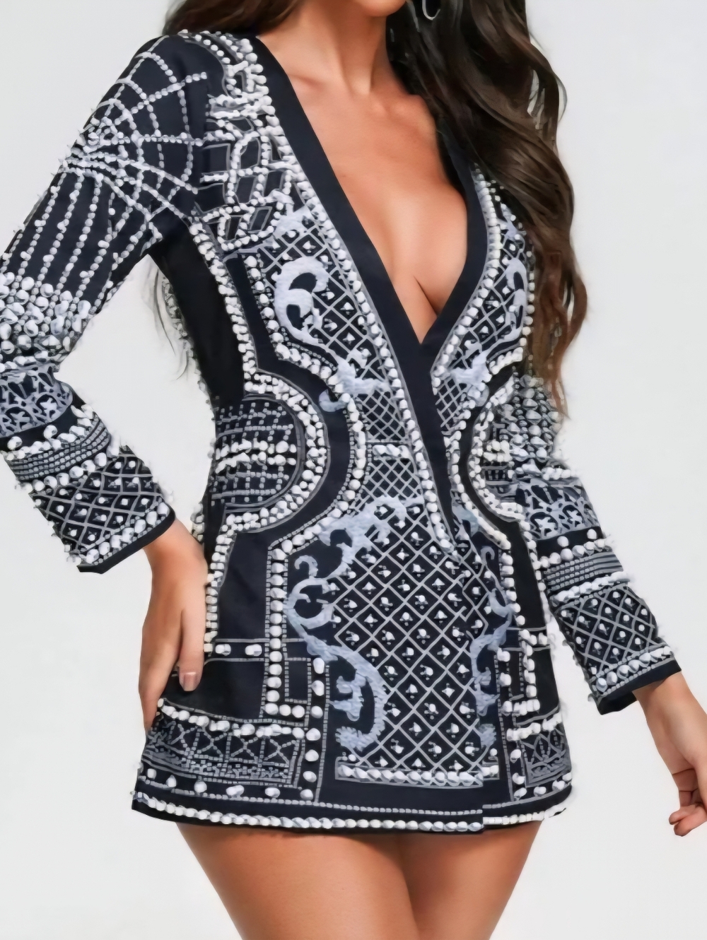 Black & White Beaded Deep V Swim Cover-Up Dress